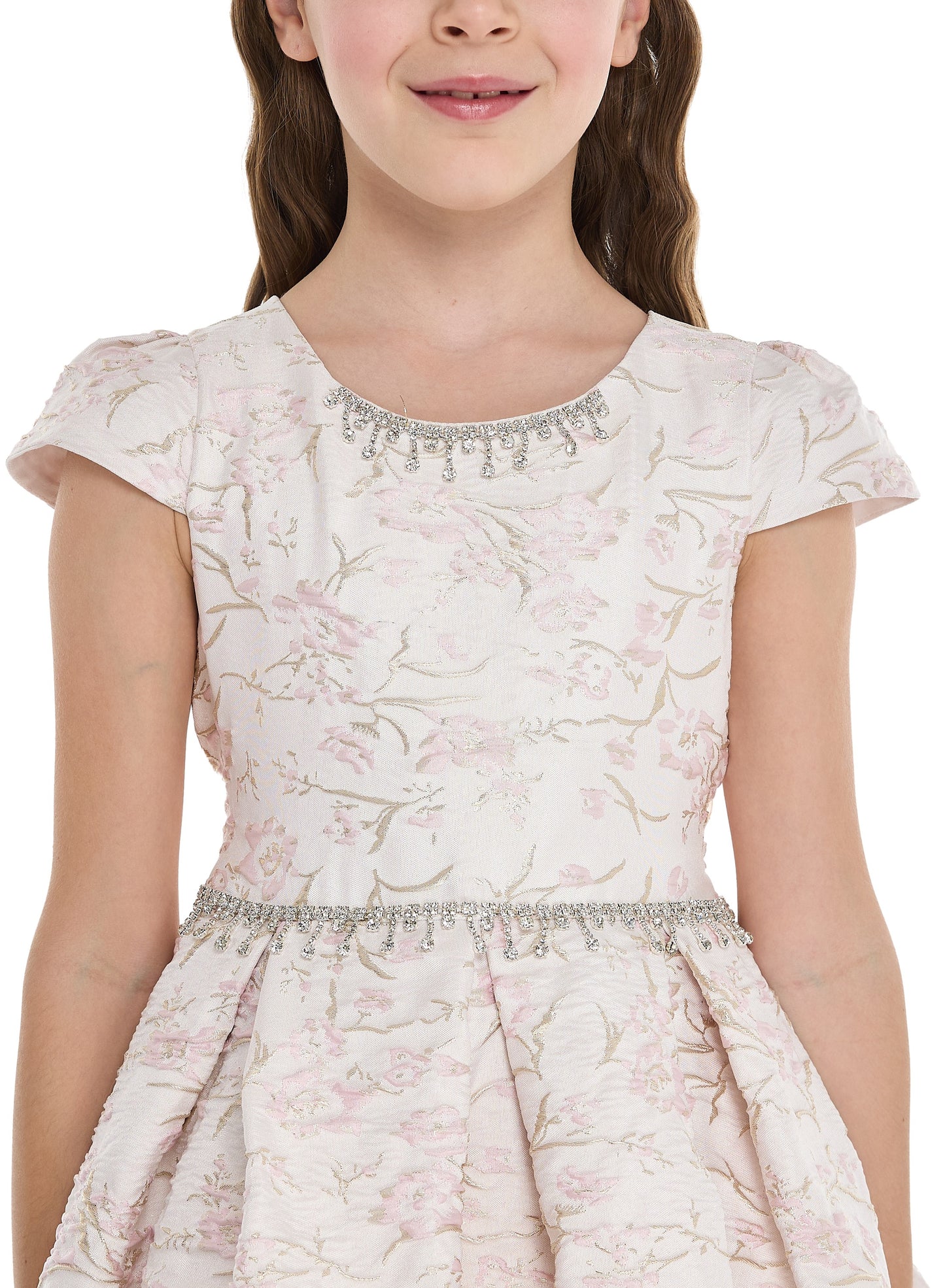 Pink/Gold Jacquard High Low Tail Dress With Tulle Mesh