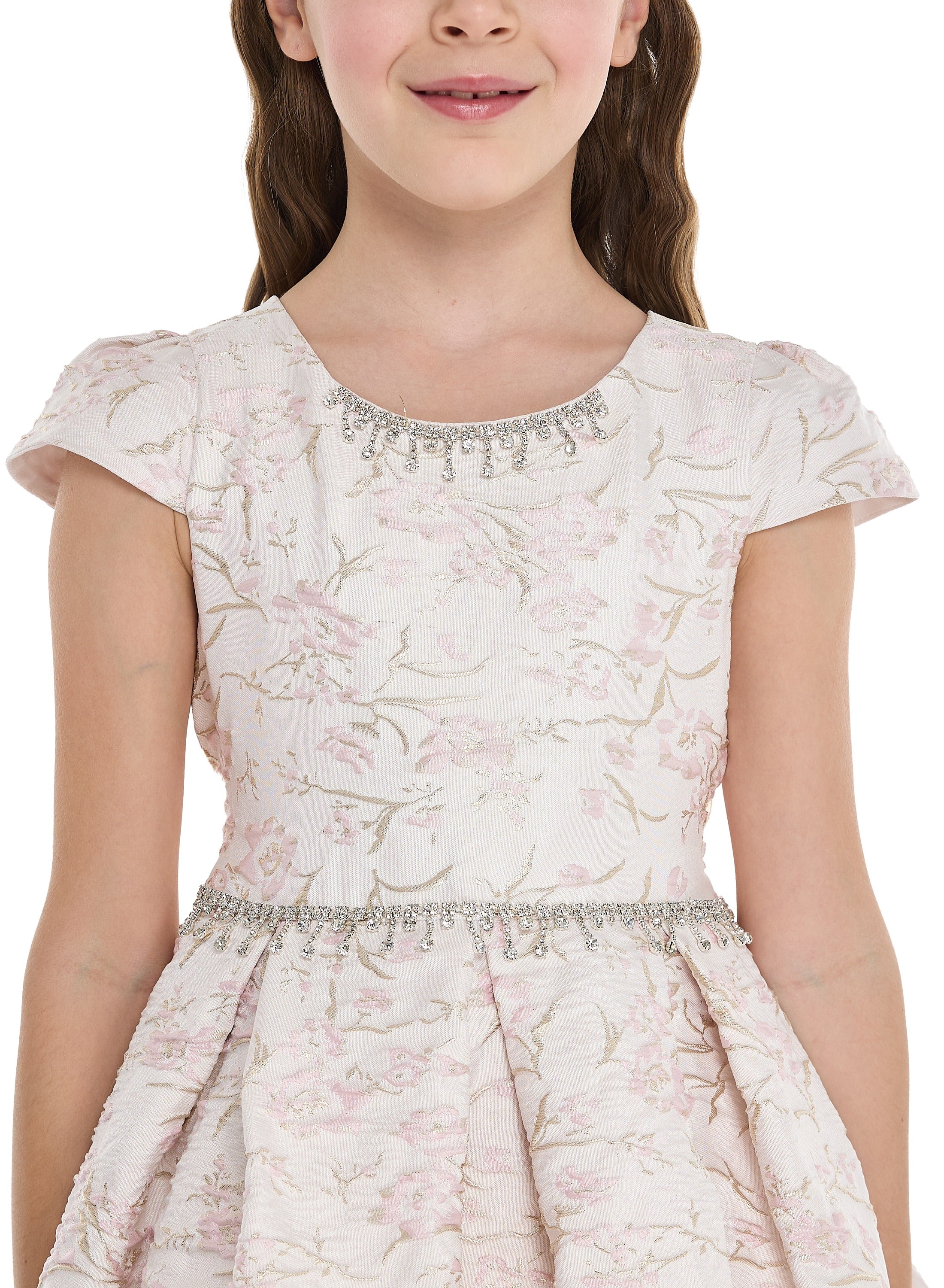 Pink/Gold Jacquard High Low Tail Dres With Tulle Mesh