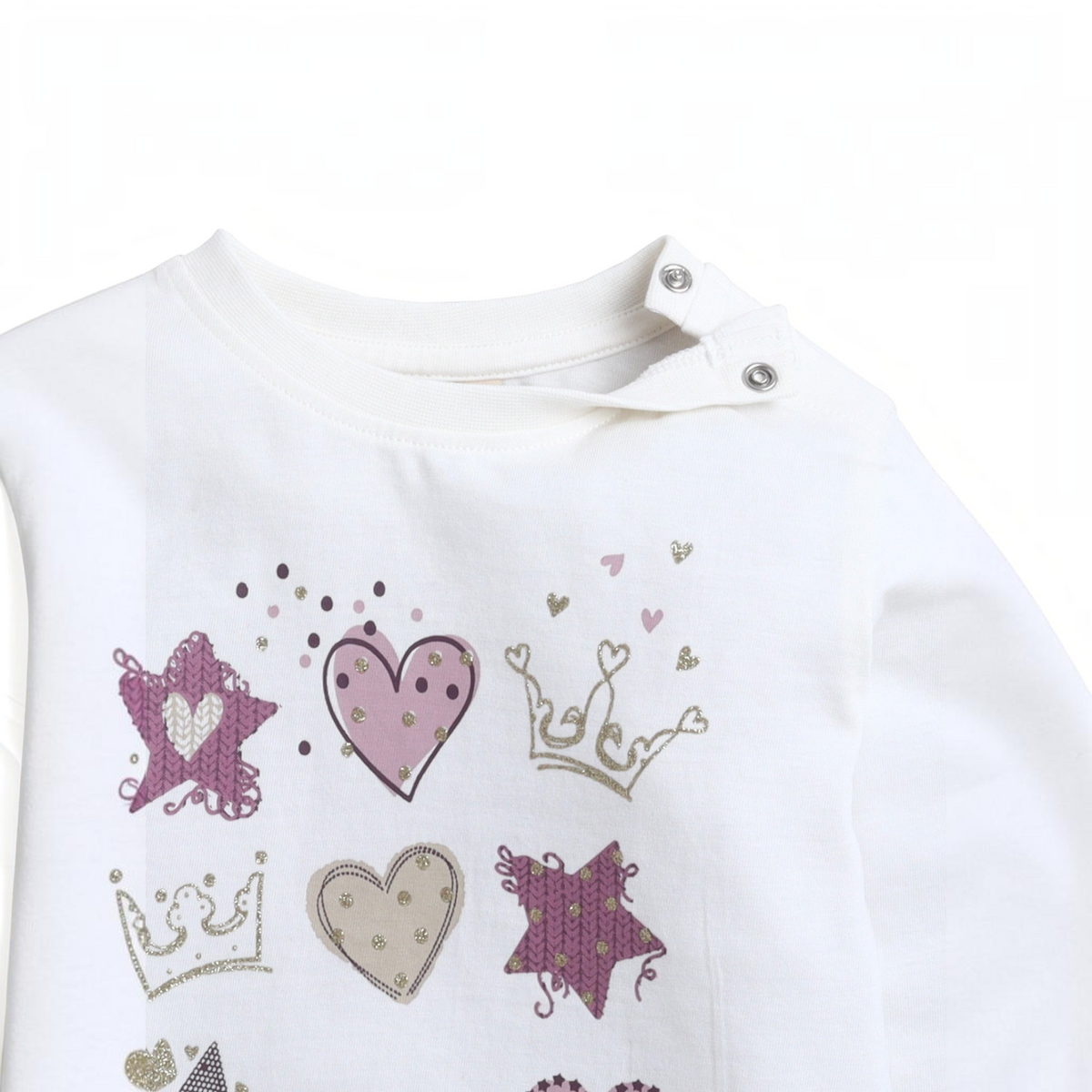 victor and jane white long-sleeve baby shirt with purple heart, star, and crown glitter print and shoulder snaps