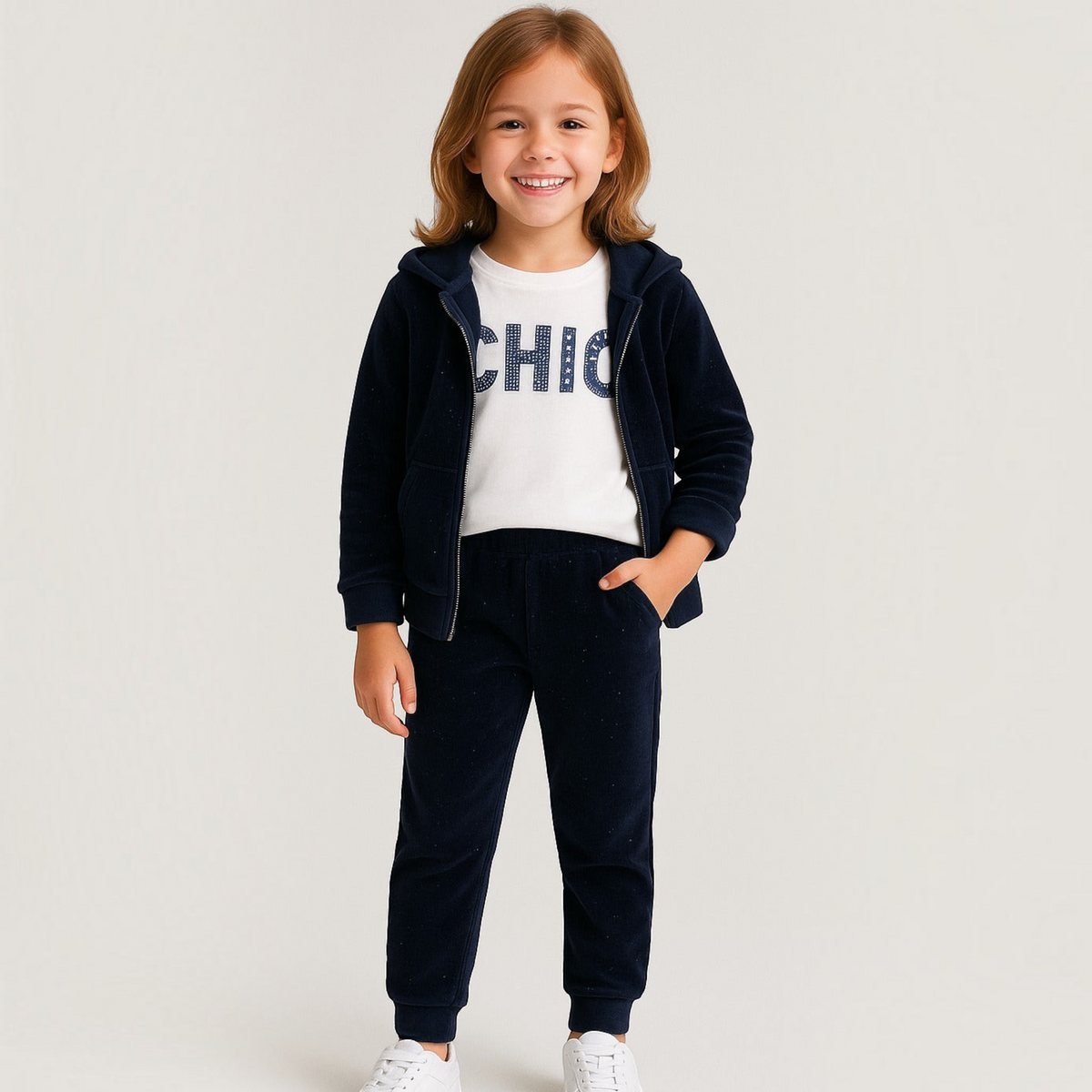 A young girl wearing a victor and jane navy glitter hoodie, white graphic t-shirt, and matching jogger pants set.