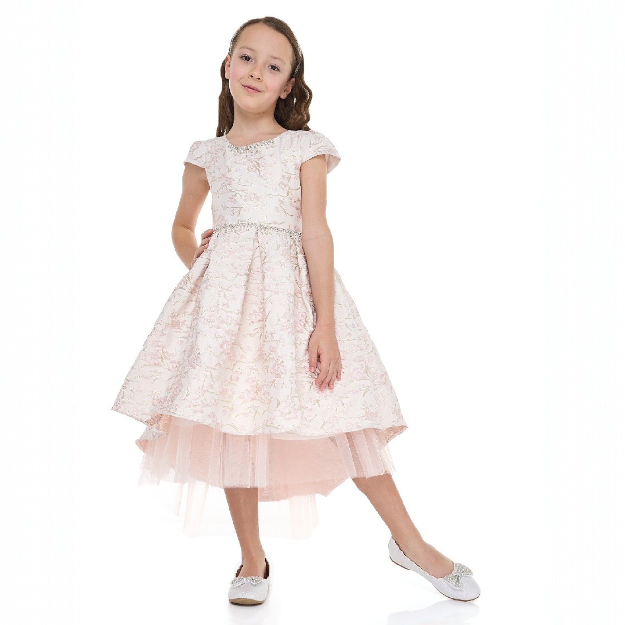 Pink/Gold Jacquard High Low Tail Dres With Tulle Mesh