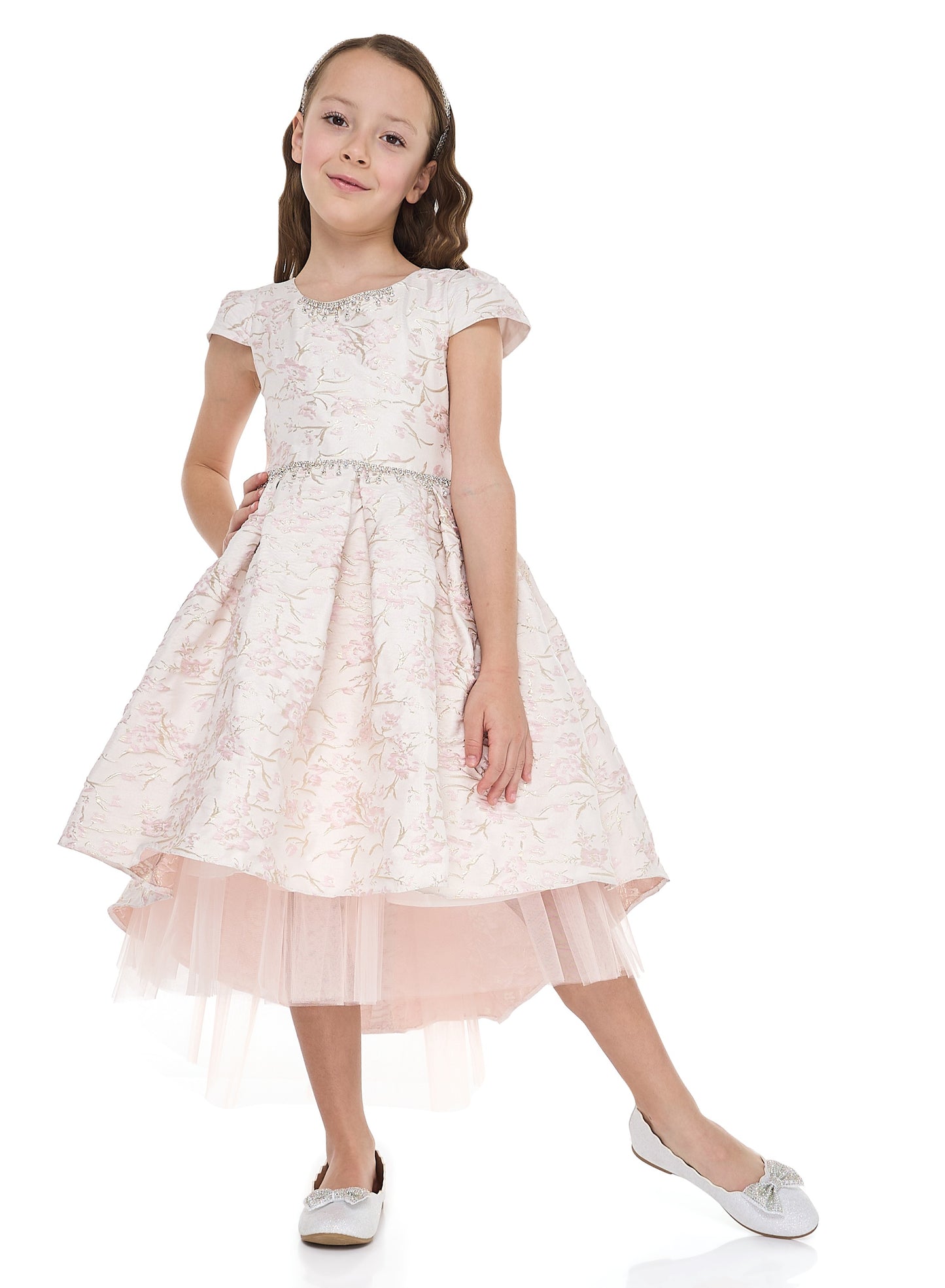 Pink/Gold Jacquard High Low Tail Dress With Tulle Mesh