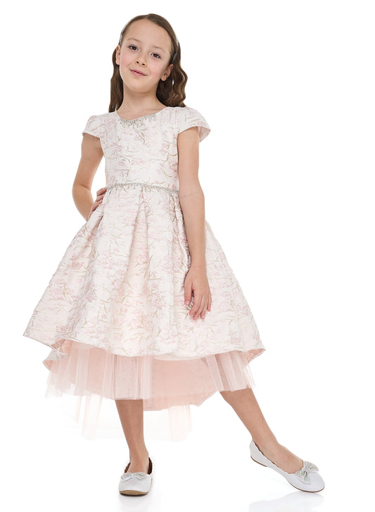 Pink/Gold Jacquard High Low Tail Dress With Tulle Mesh