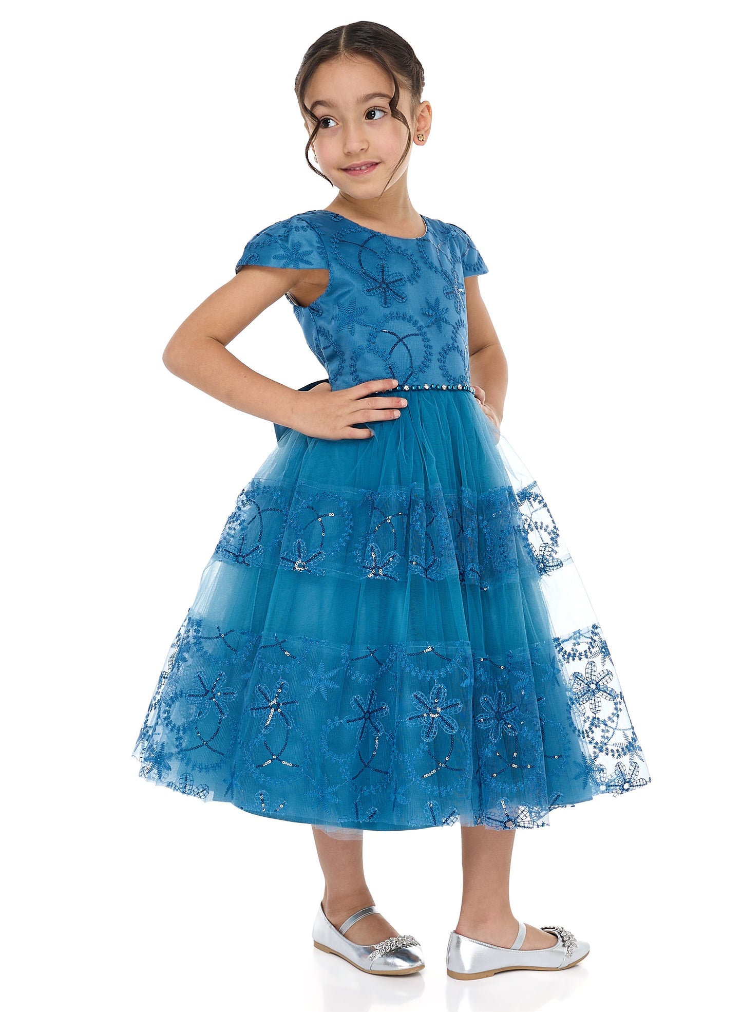 Elegant Blue Tulle Dress With Lace And Sequins