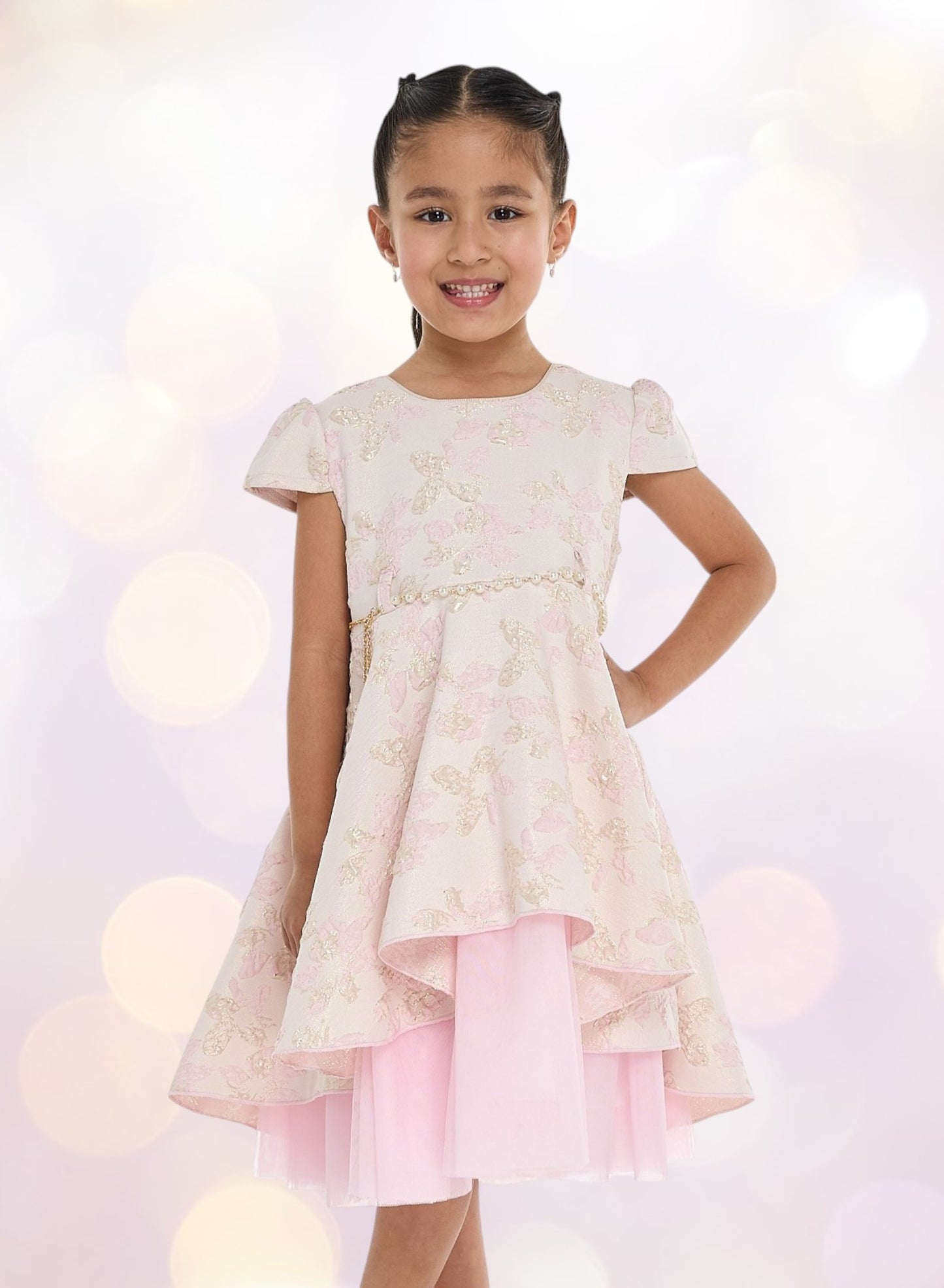 Girls Elegant Pink/Gold Jacquard & Tulle Party Dress
