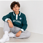 victor and jane boys' dark green fleece pullover with white collar, button placket, and Best League basketball graphic