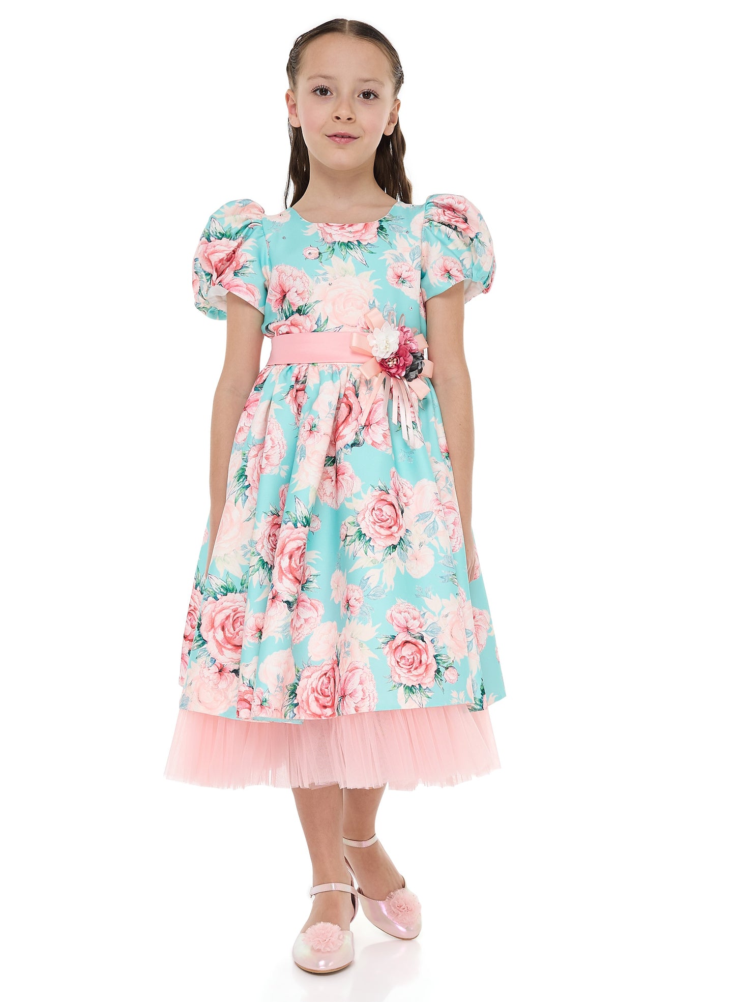 Victor And Jane Floral Satin Dress With Mesh Edge