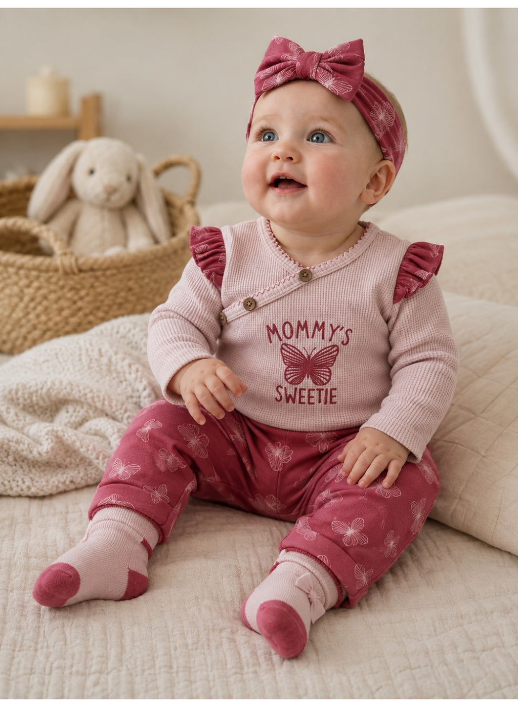 Baby Girls Wrap Bodysuit and Butterfly Print Pants Set with Socks and Headband (4-Piece)