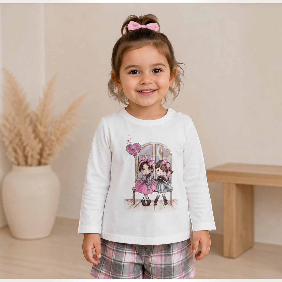 victor and jane girls white long sleeve top with cute cartoon graphic print worn by a smiling toddler