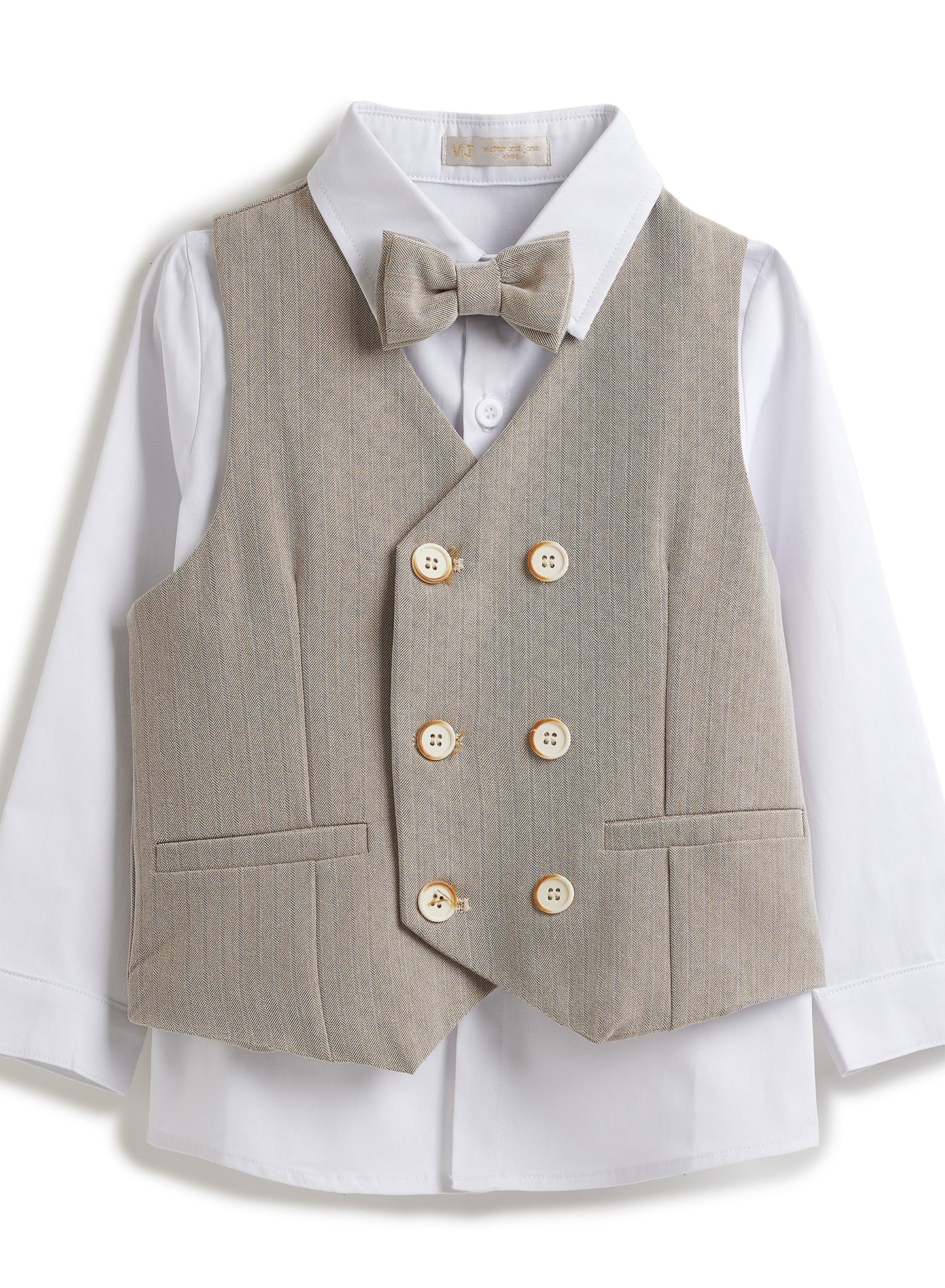 Ecru/Taupe Waistcoat And Pant Set With Shirt And Bow Tie