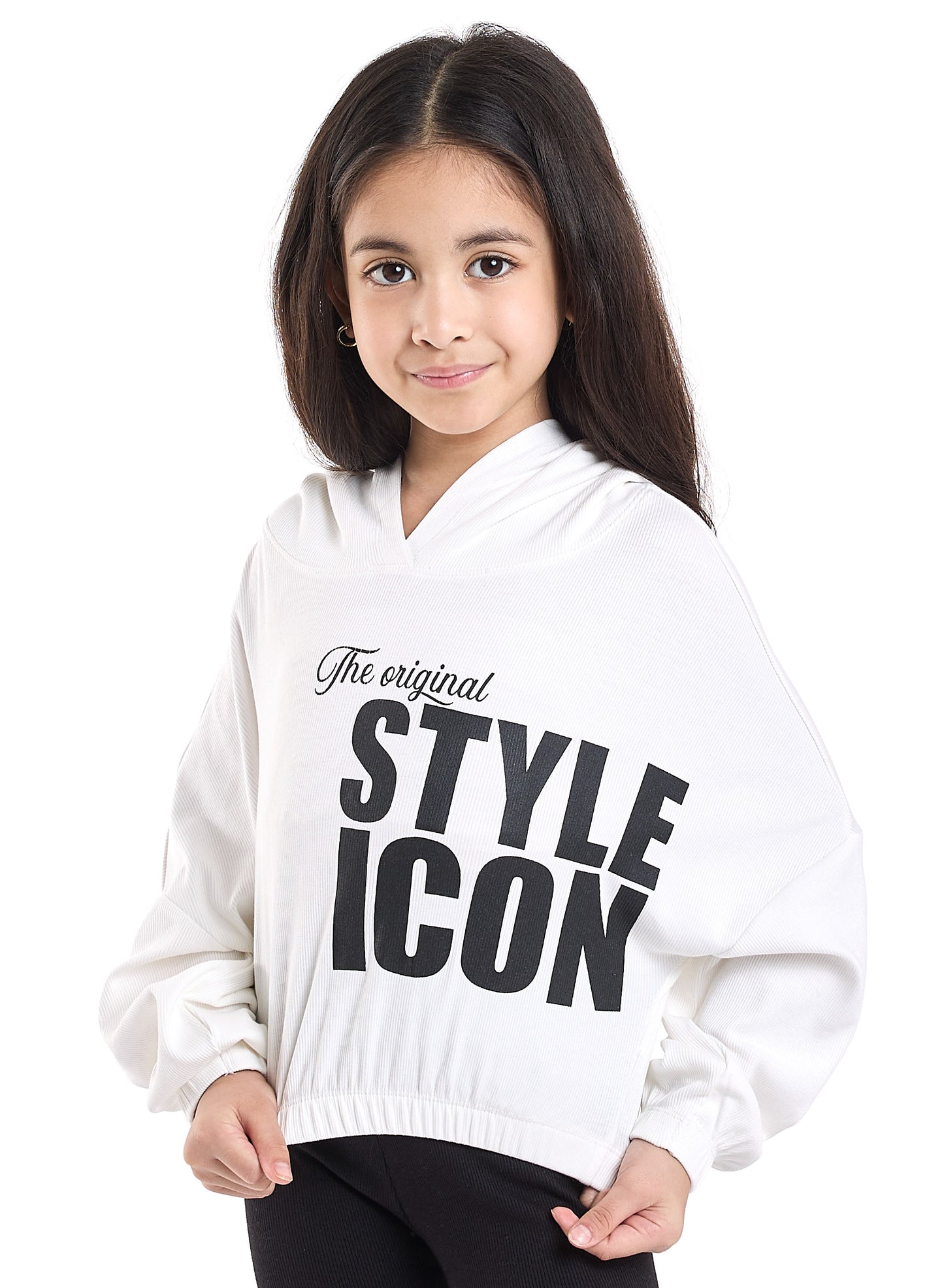 Girls Style Icon Fleece Tracksuit – Cream & Black Pinstripe 2-Piece Set