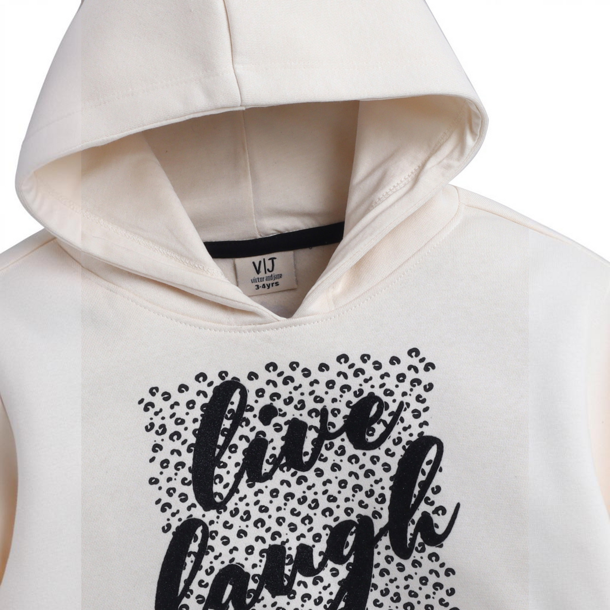victor and jane girls cream hoodie with black live laugh leopard print graphic on the front