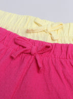 Girls' Jacquard Shorts With Elasticated Waistband And Ruffle Trim- Pink And Yellow-Pack Of 2