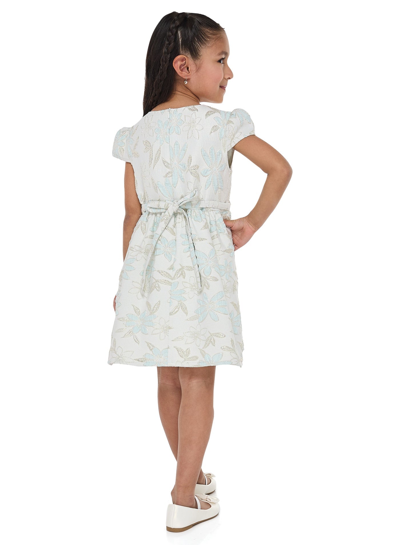 Girls Elegant Green/Gold Jacquard & Tulle Party Dress