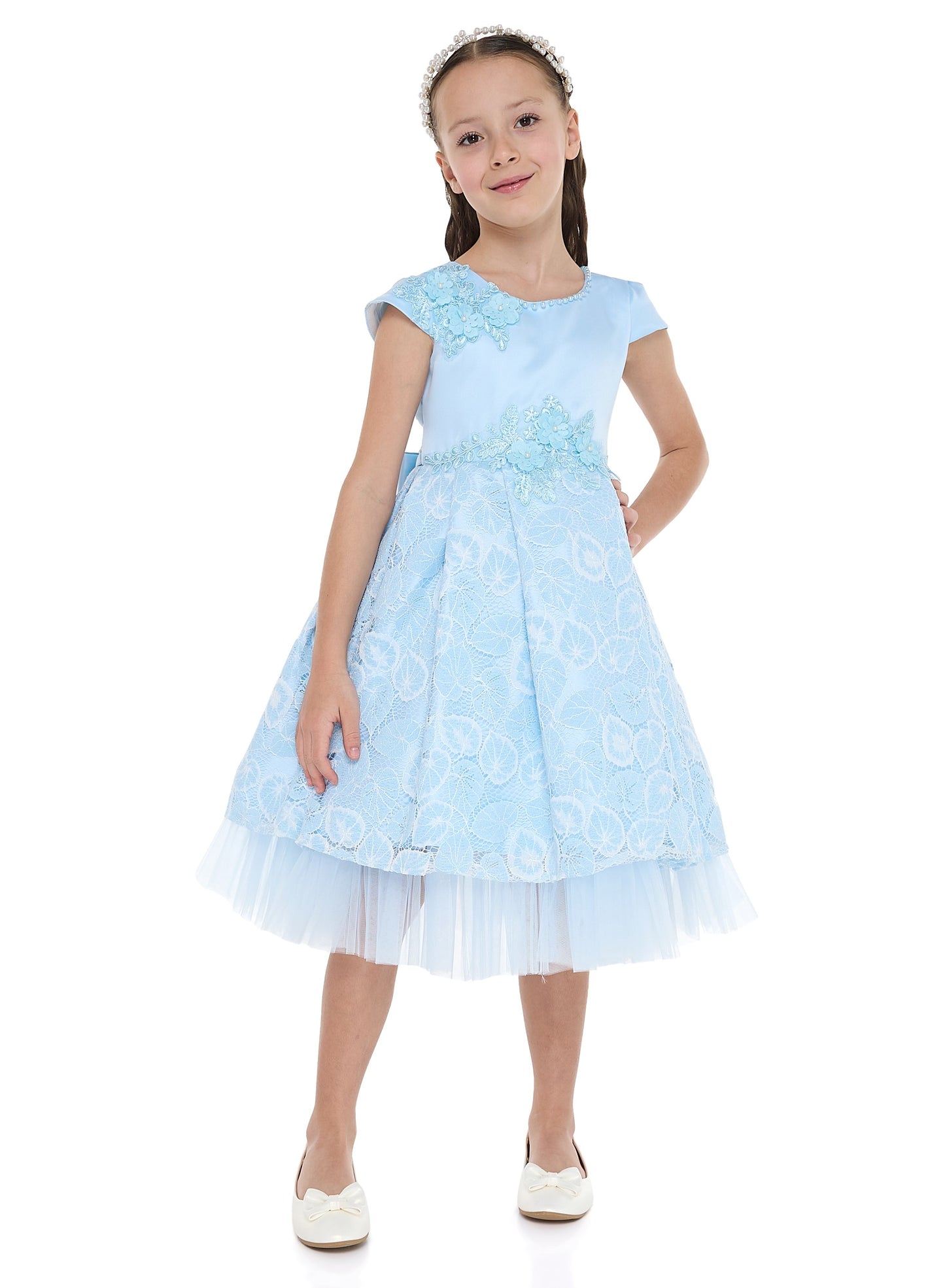 Chic Sky Blue Satin & Lace Party Dress With Mesh & Decoration