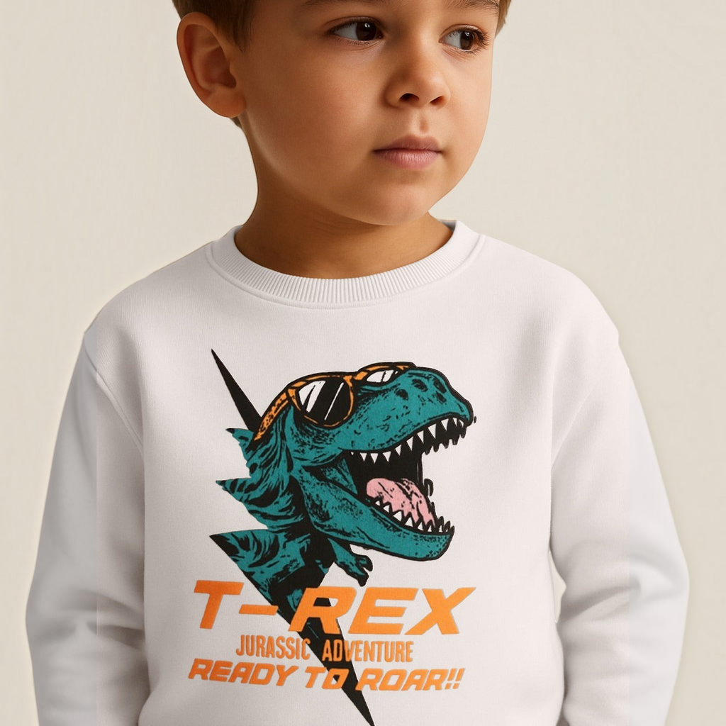 victor and jane boys white sweatshirt featuring a teal T-Rex graphic wearing sunglasses with orange text