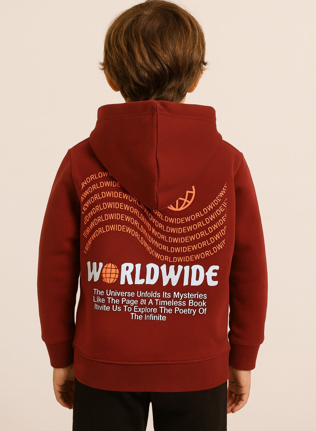 Boys' Maroon "Worldwide" Printed Hooded Sweatshirt