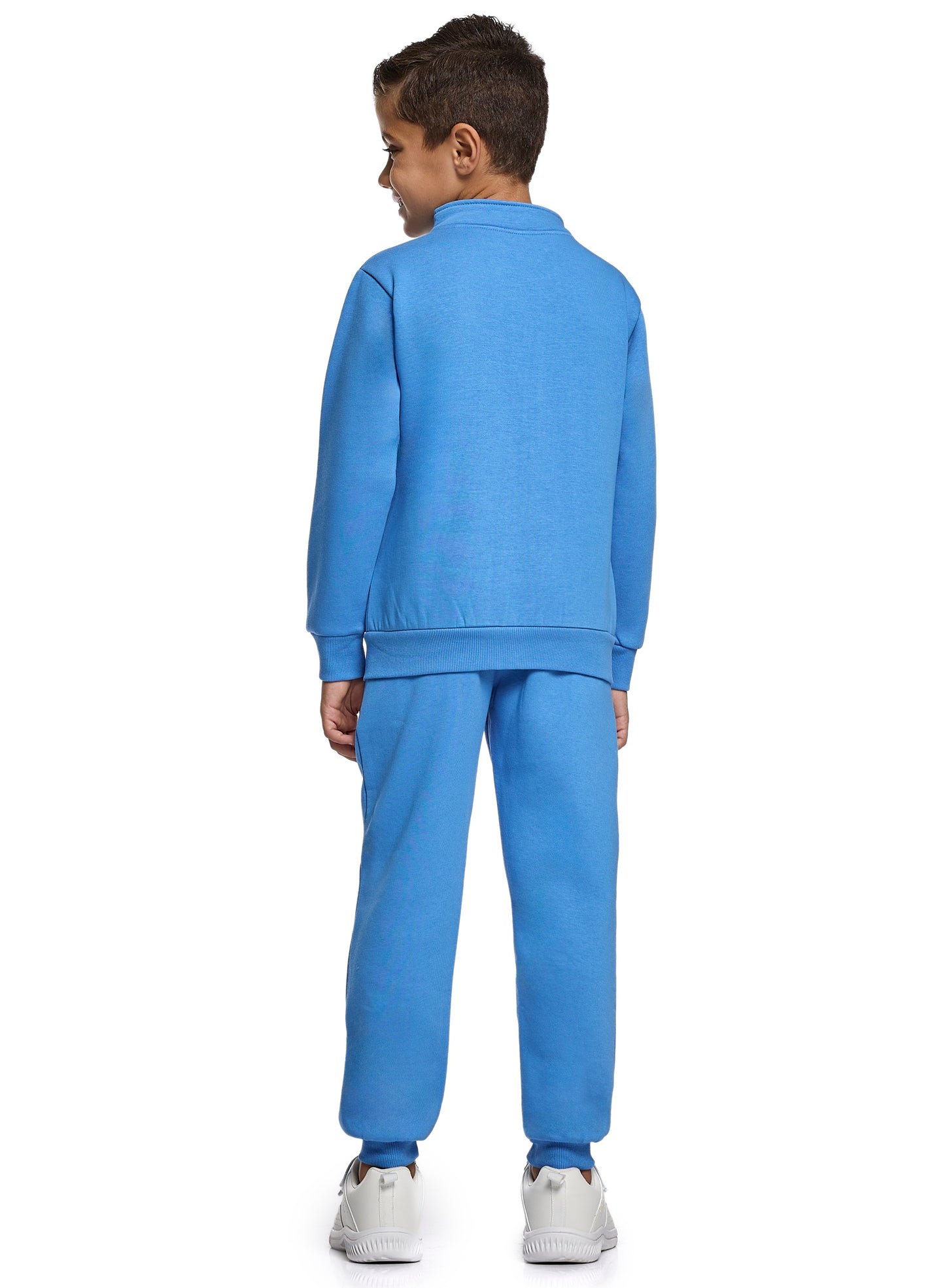 Boys Blue Zipper Jacket Set – “Over the Top” Print with High Neck & Pocket Joggers