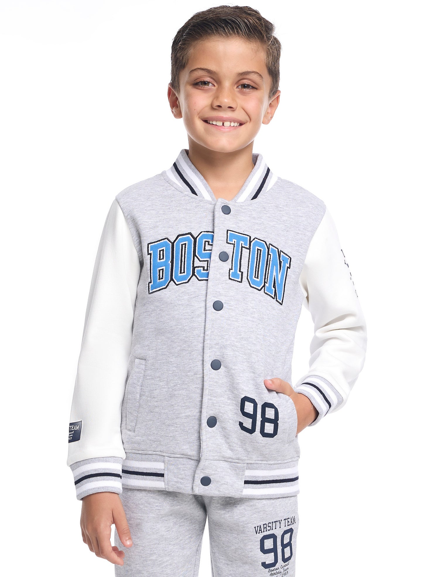 Boys’ Stylish Varsity Tracksuit – Grey Boston Print Jacket & Joggers