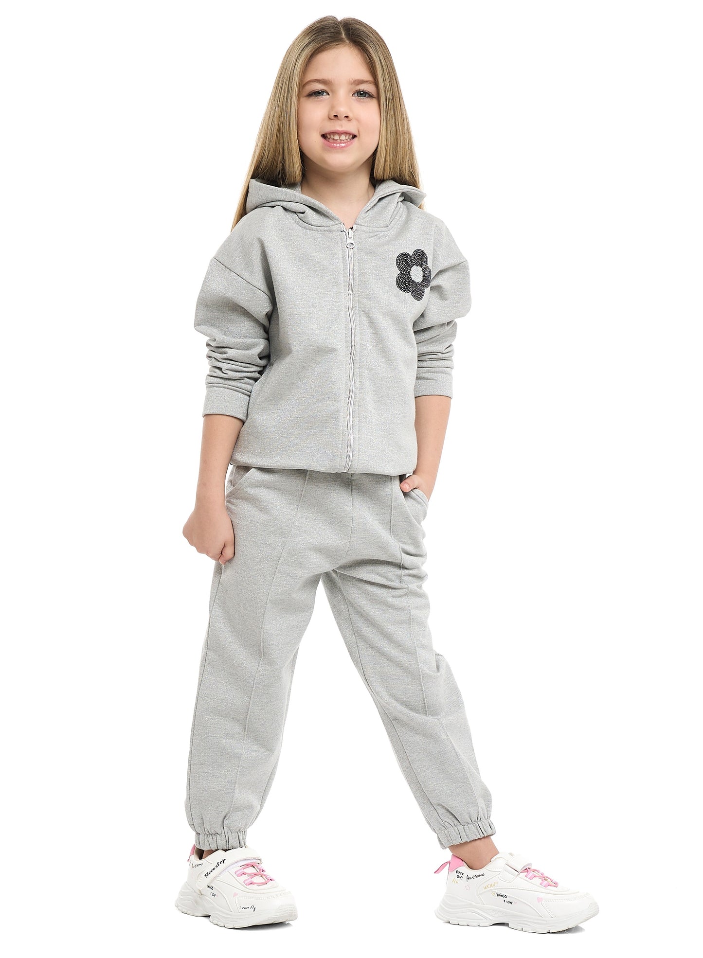 Girls Très Chic Reversible Sequin Fleece Set – Light Grey 2-Piece Outfit