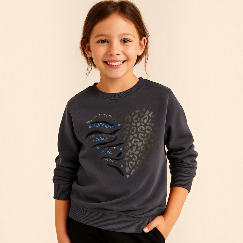 victor and jane grey cotton sweatshirt with a heart-shaped graphic featuring leopard print and inspirational text