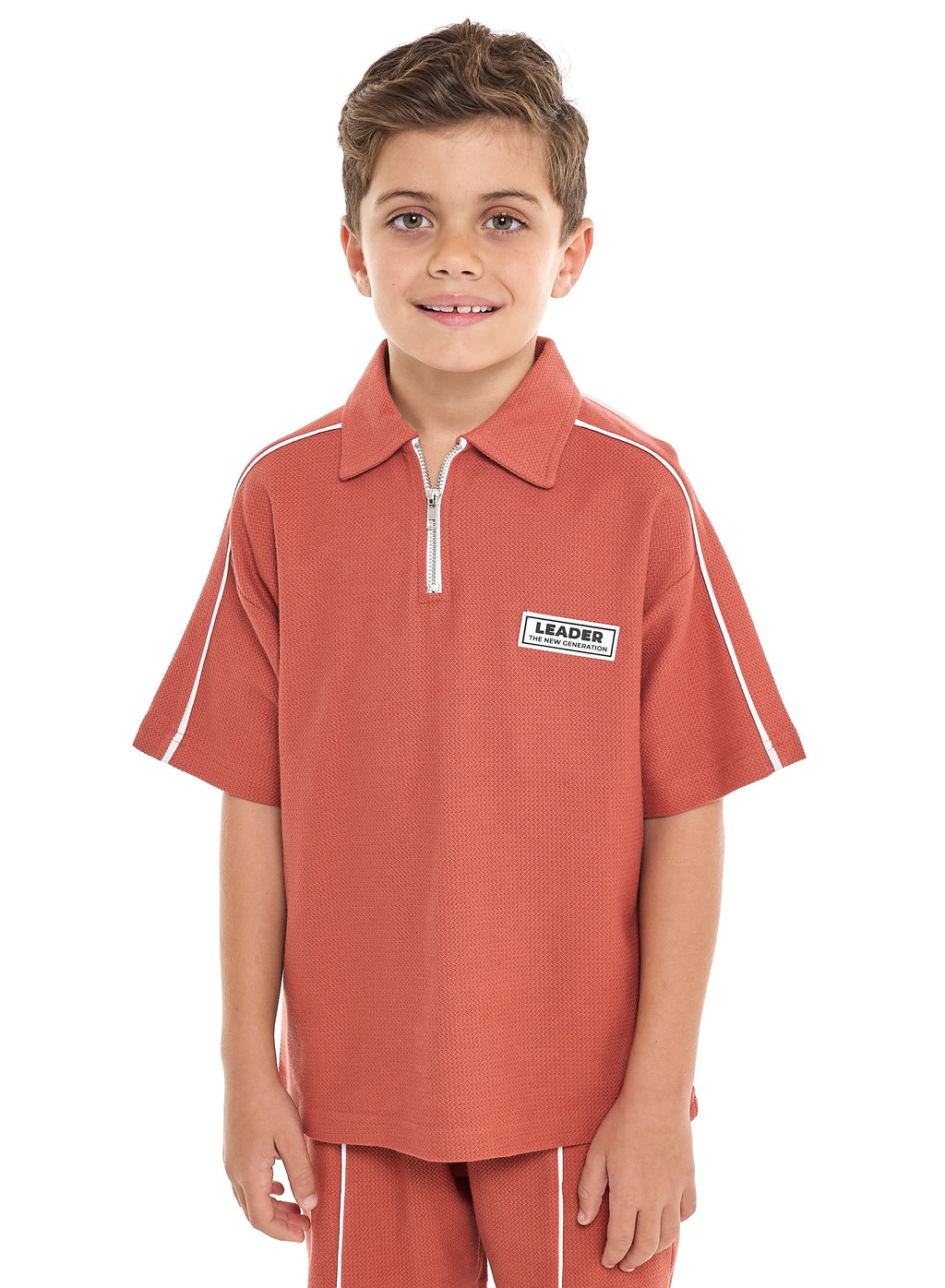 Oversized - Boys' Jacquard 2-Piece Set - Half Zipper Polo T-Shirt And Matching Shorts With Pockets,