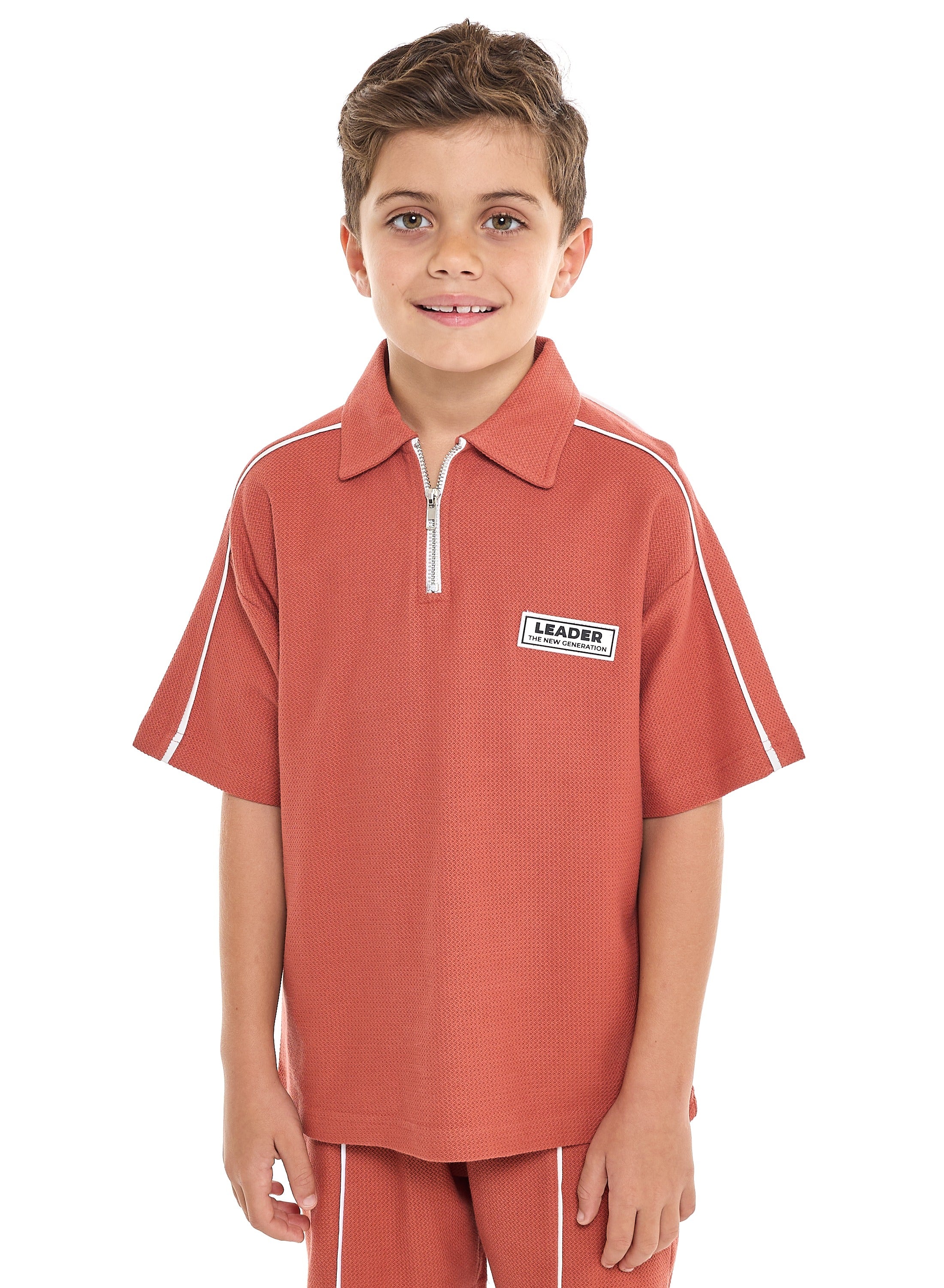 Oversized - Boys' Jacquard 2-Piece Set - Half Zipper Polo T-Shirt And Matching Shorts With Pockets,