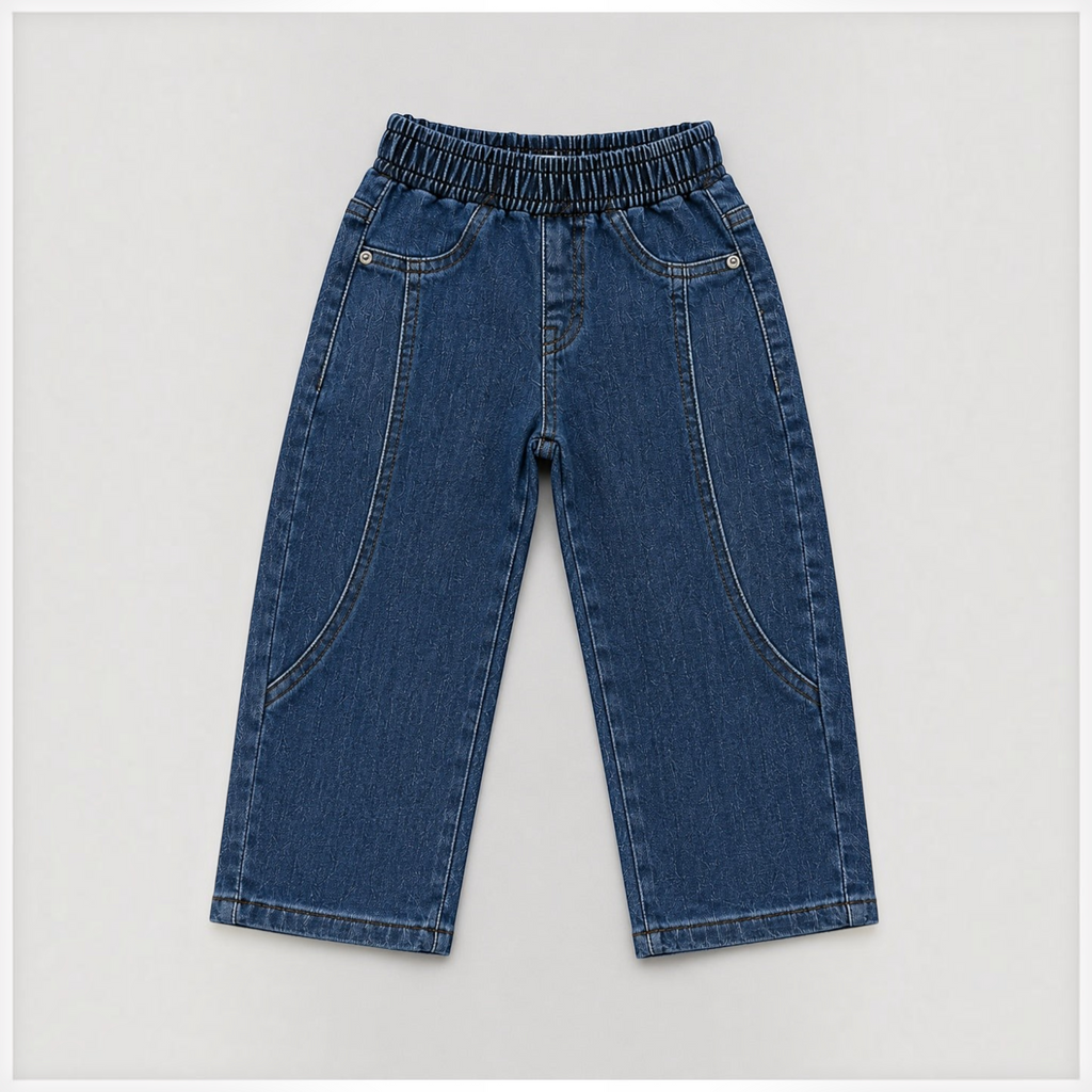 victor and jane boys dark blue denim pants with an elastic waistband and decorative front seam detailing