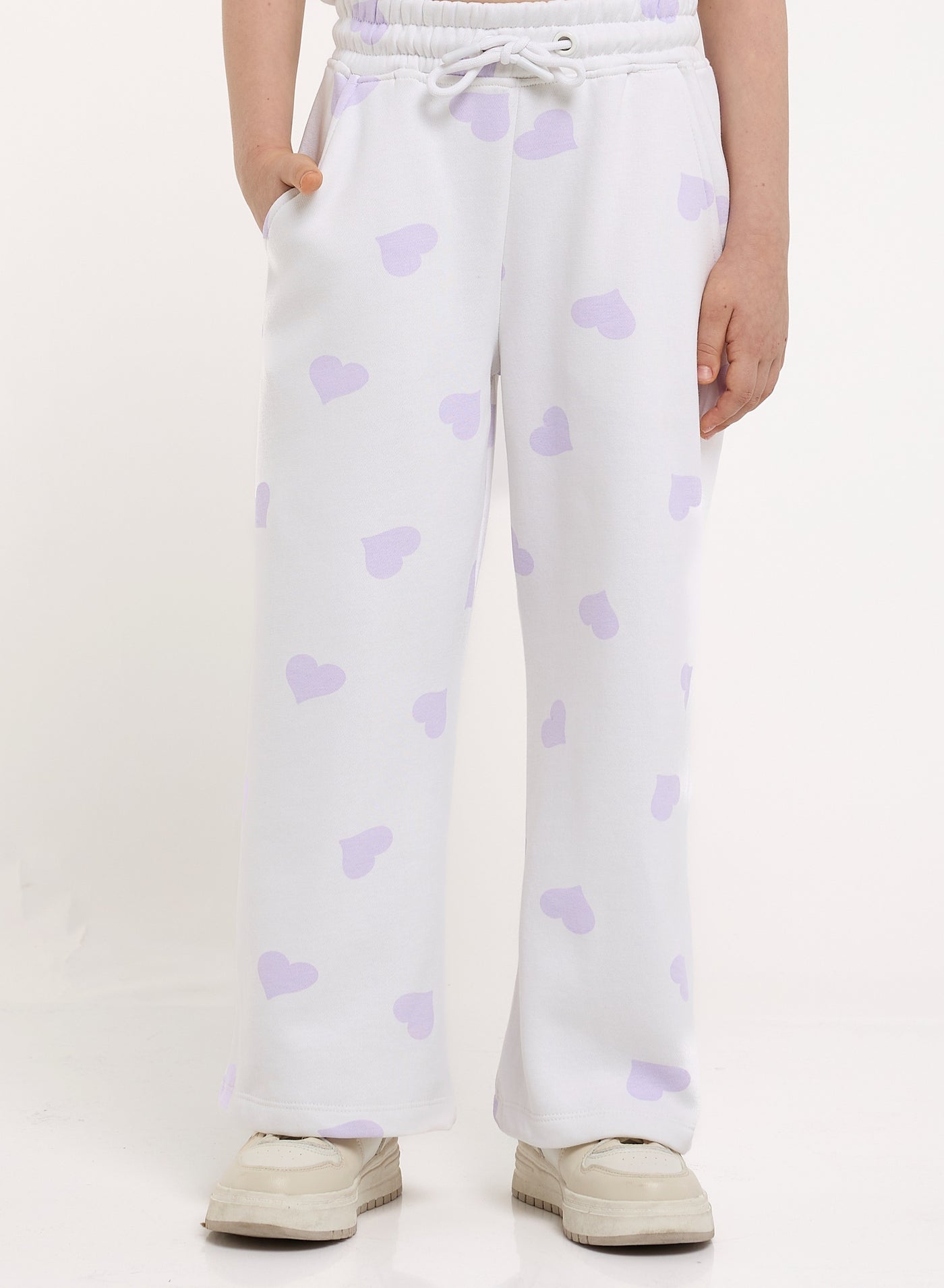 Girls More Love Heart-Print Fleece Tracksuit – Cream & Lavender 2-Piece Set