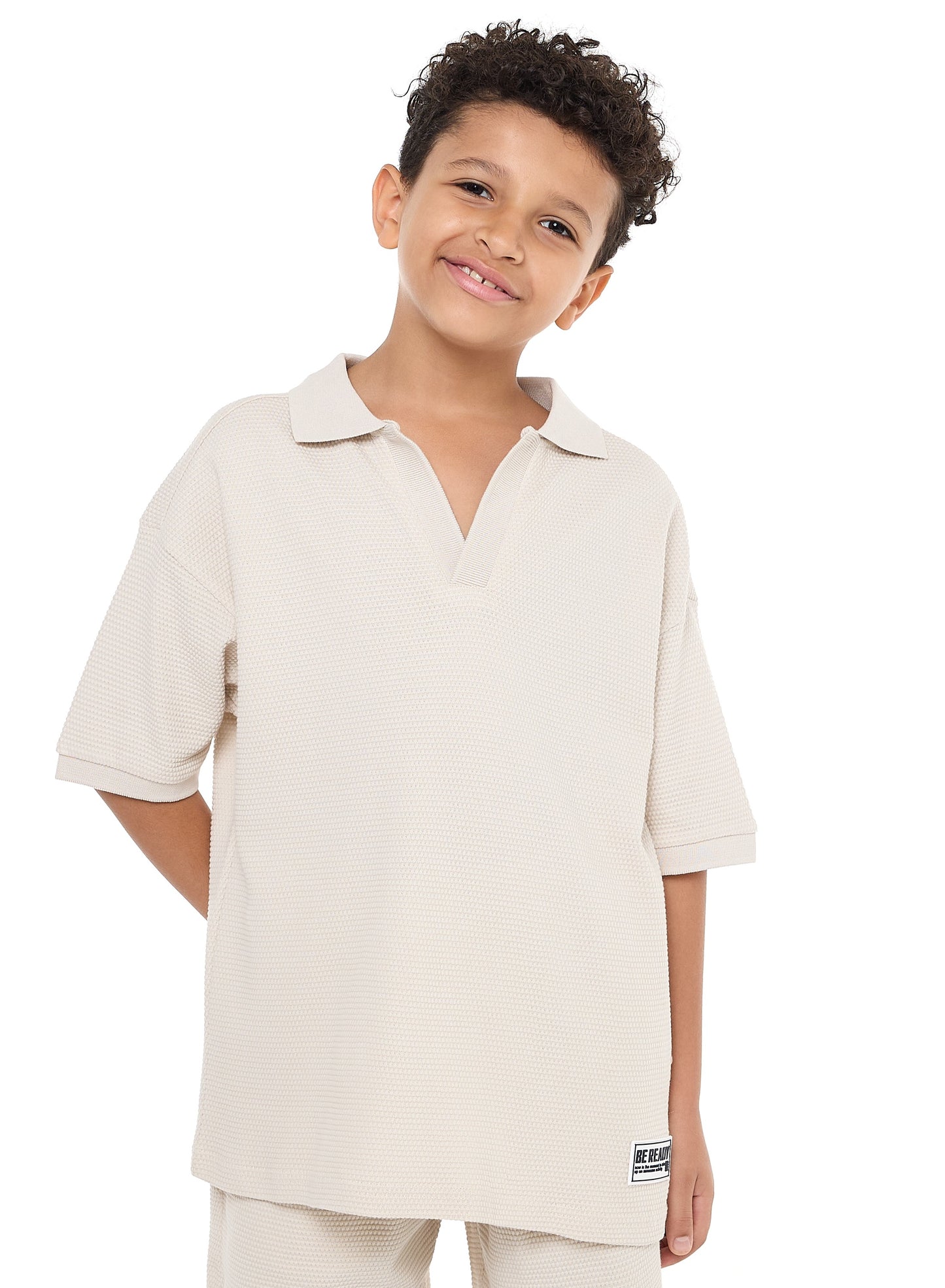 Victor and Jane Boys' Jacquard Set – Beige 2-Piece Outfit with Pockets, Polo T-Shirt and Shorts