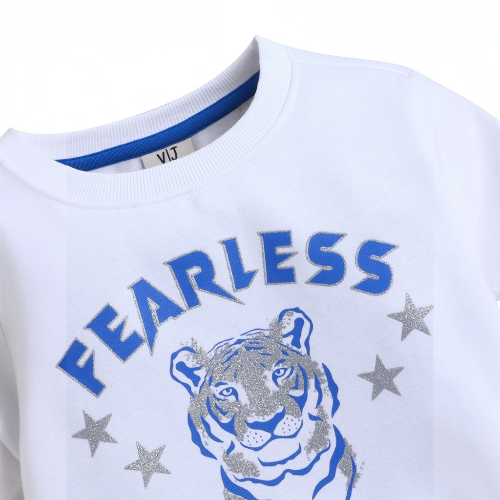 victor and jane white cotton sweatshirt featuring a blue Fearless tiger graphic with silver glitter star accents