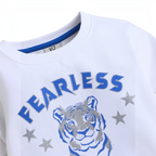 victor and jane white cotton sweatshirt featuring a blue Fearless tiger graphic with silver glitter star accents