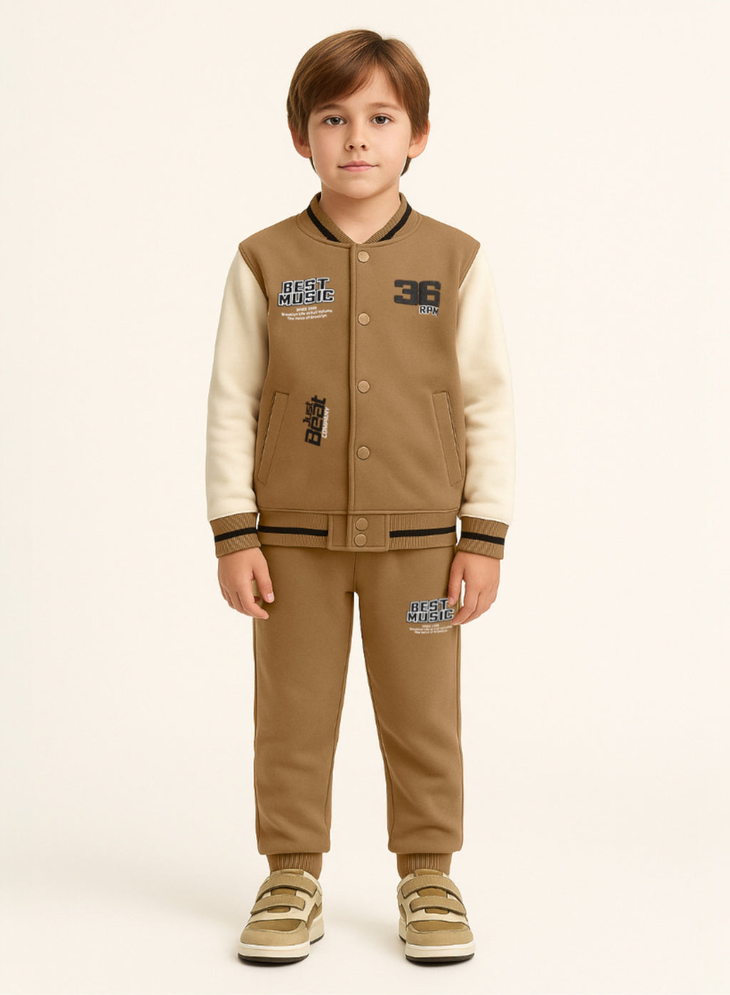 Victor And Jane Cotton Rhythm Printed Full Sleeves Varsity Jacket & Joggers Co-Ord Set - Brown