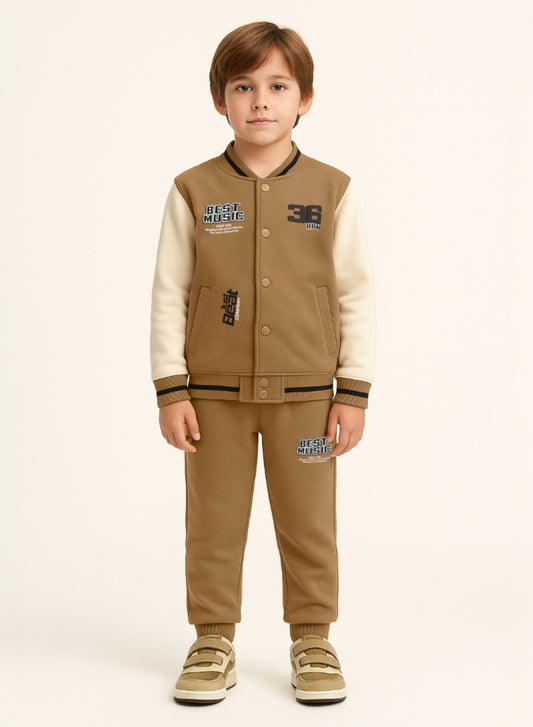 Boys’ Stylish Varsity Tracksuit – Brown Rhythm Print Jacket & Joggers
