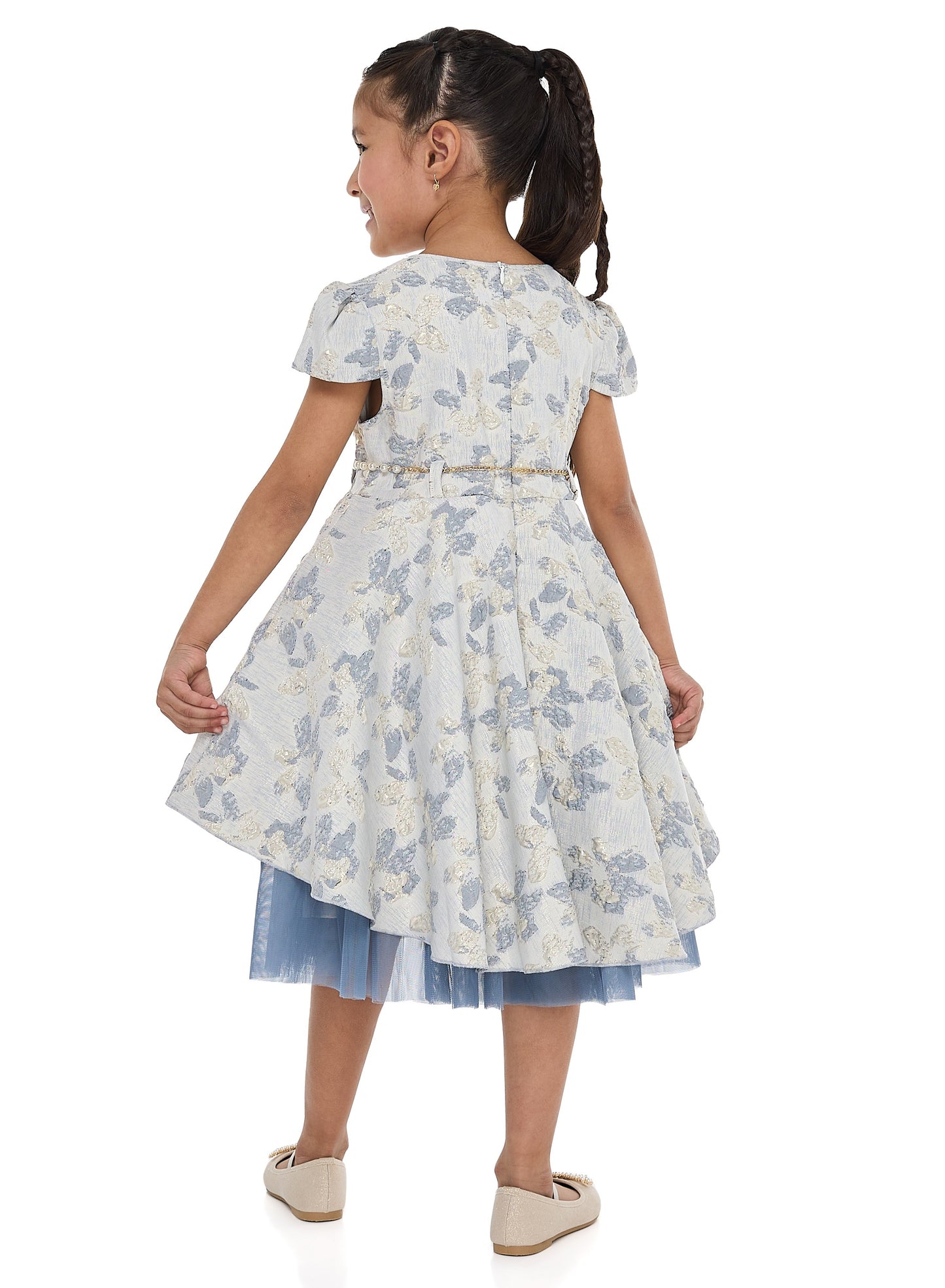 Girls Elegant Lt Blue/Gold Jacquard & Tulle Party Dress