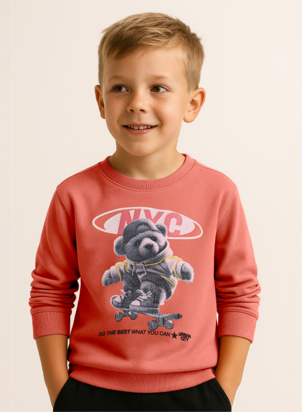 Victor And Jane Skater Bear Printed Full Sleeves Sweatshirt And Joggers Set - Peach/Black