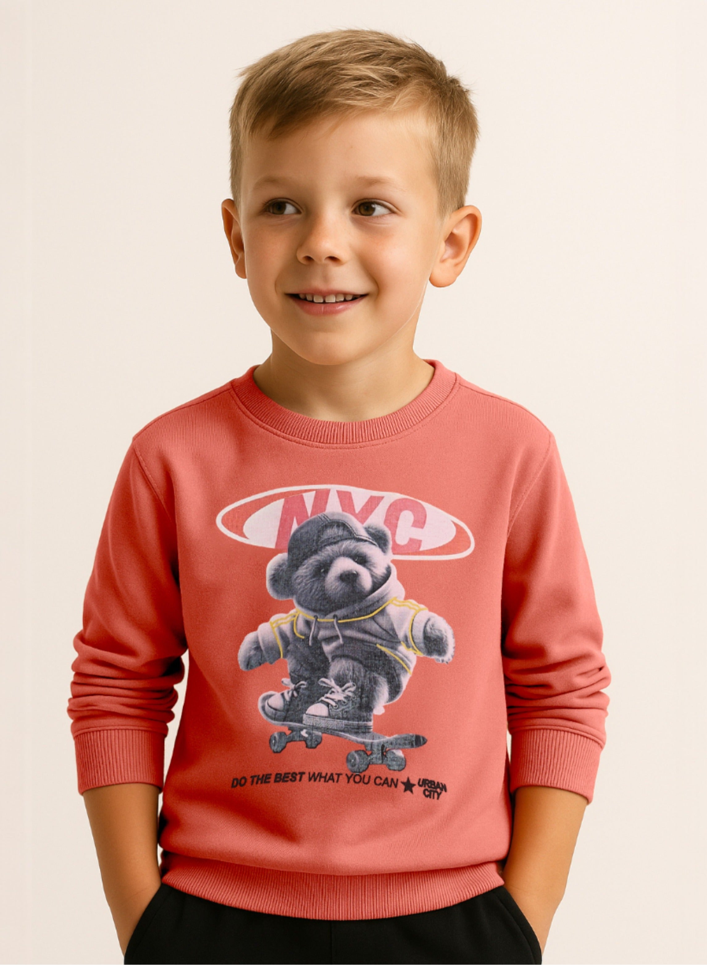 Victor And Jane Skater Bear Printed Full Sleeves Sweatshirt And Joggers Set - Peach/Black
