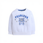 victor and jane white cotton sweatshirt with blue Fearless text and a glittery tiger graphic with star accents