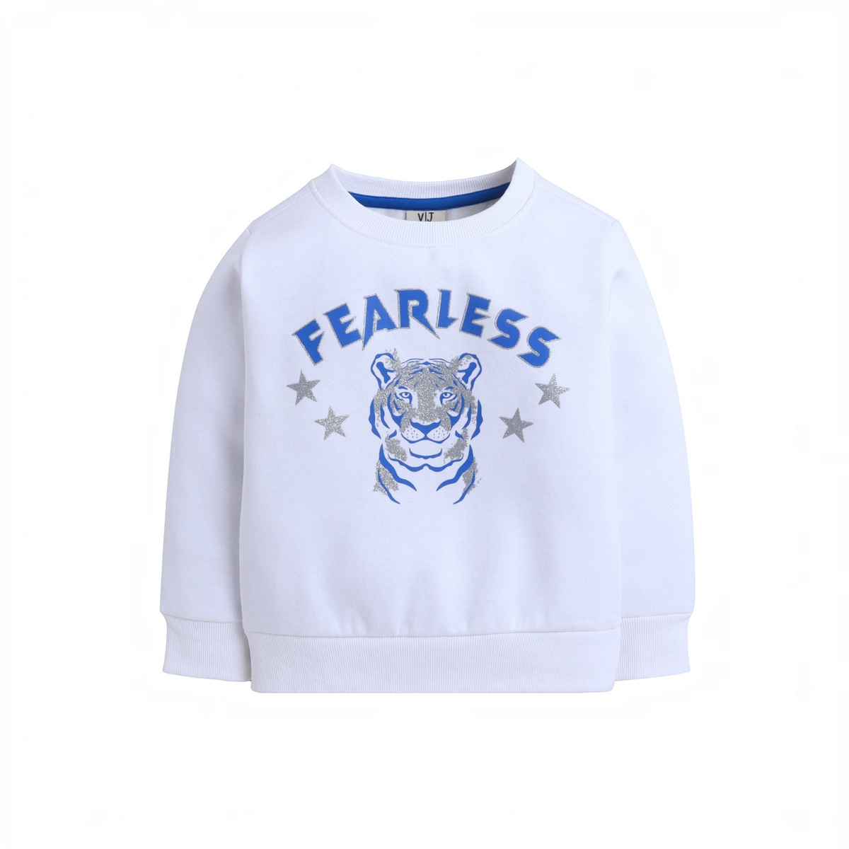 victor and jane white cotton sweatshirt with blue Fearless text and a glittery tiger graphic with star accents