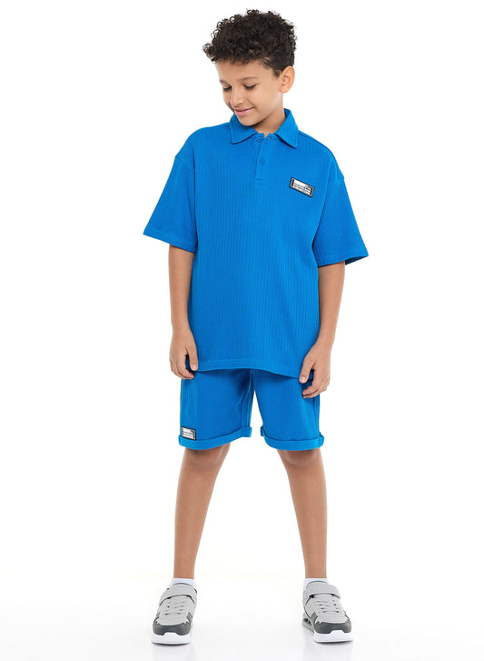 Victor and Jane Boys' Jacquard Set – Blue 2-Piece Outfit with Label Detail