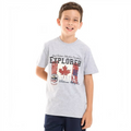 A young boy wearing a victor and jane grey graphic t-shirt featuring a Canadian flag and explorer mountain design.