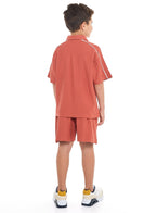 Oversized - Boys' Jacquard 2-Piece Set - Half Zipper Polo T-Shirt And Matching Shorts With Pockets,