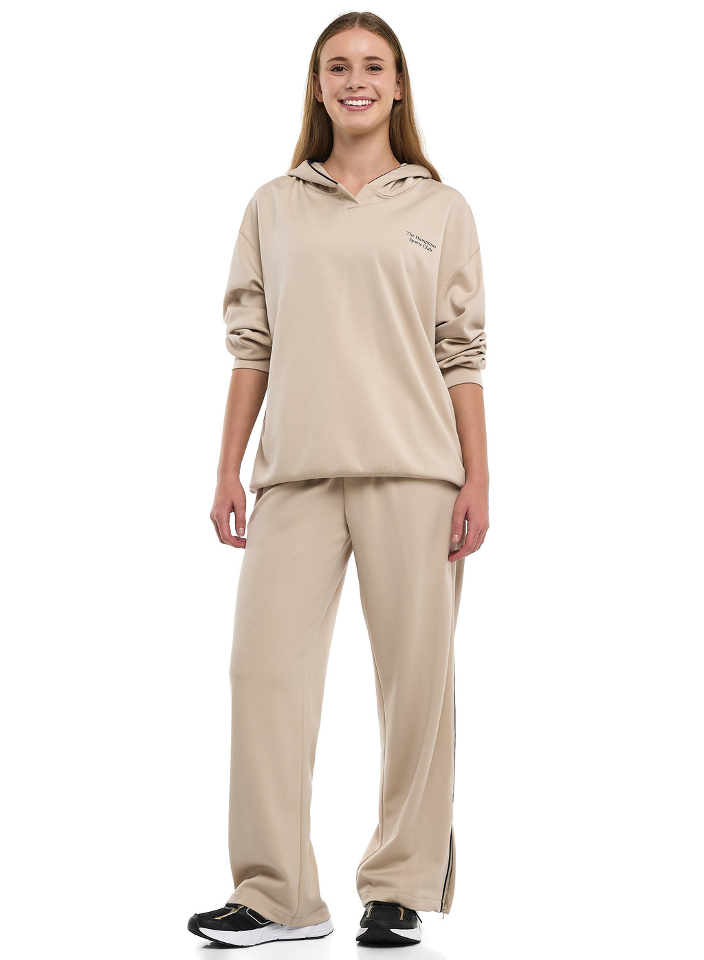 Ladies 2 Piece Set - Snap-Hem Wide-Leg Trousers & Hoodie Set - Oatmeal