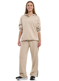 Ladies 2 Piece Set - Snap-Hem Wide-Leg Trousers & Hoodie Set - Oatmeal