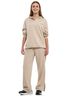 Ladies 2 Piece Set - Snap-Hem Wide-Leg Trousers & Hoodie Set - Oatmeal