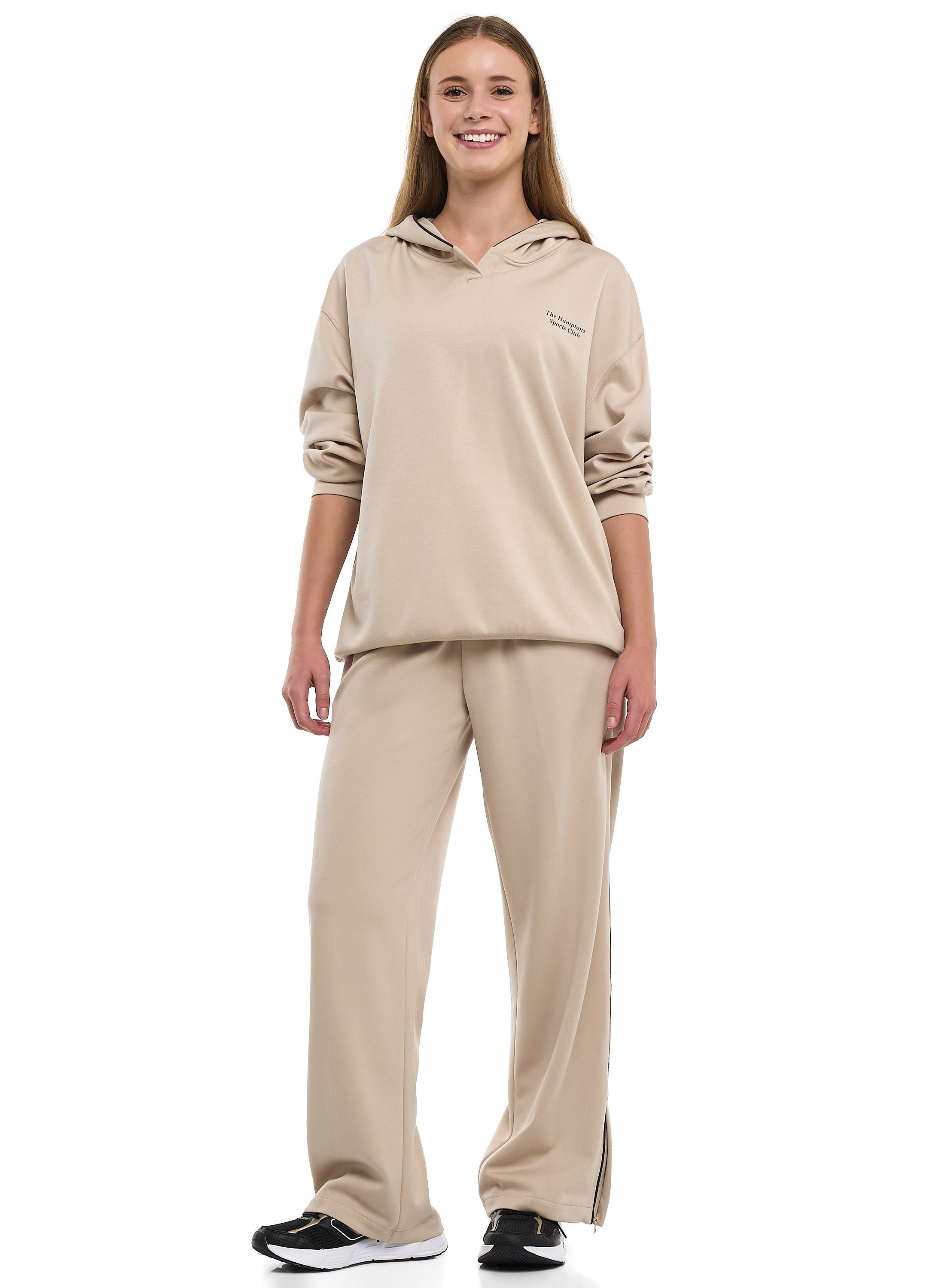 Ladies 2 Piece Set - Snap-Hem Wide-Leg Trousers & Hoodie Set - Oatmeal