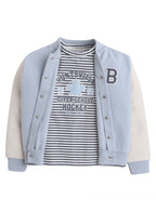 Dirkje Cotton Super Hockey League Patched Printed & Striped Bomber Jacket With T-Shirt And Joggers Set - White/Blue