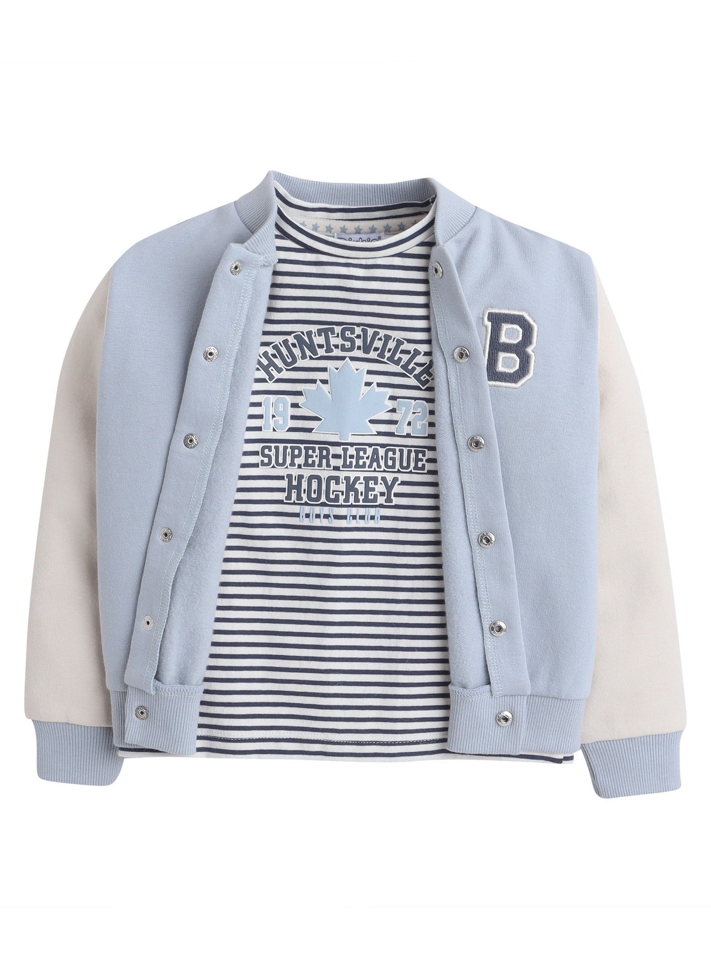 Dirkje Cotton Super Hockey League Patched Printed & Striped Bomber Jacket With T-Shirt And Joggers Set - White/Blue