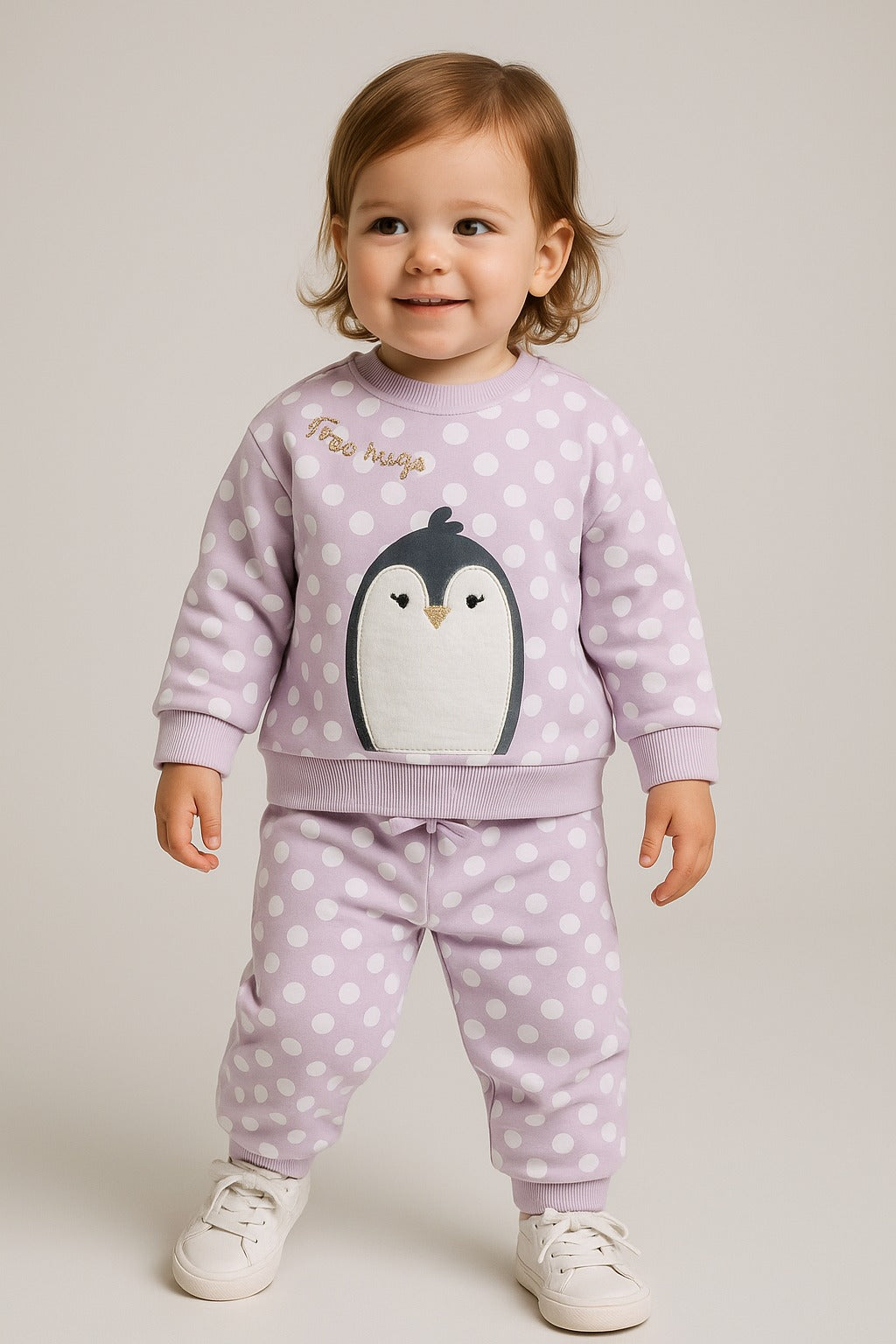 Baby Girl Penguin Appliqué Fleece Tracksuit – Lilac Polka-Dot 2-Piece Set