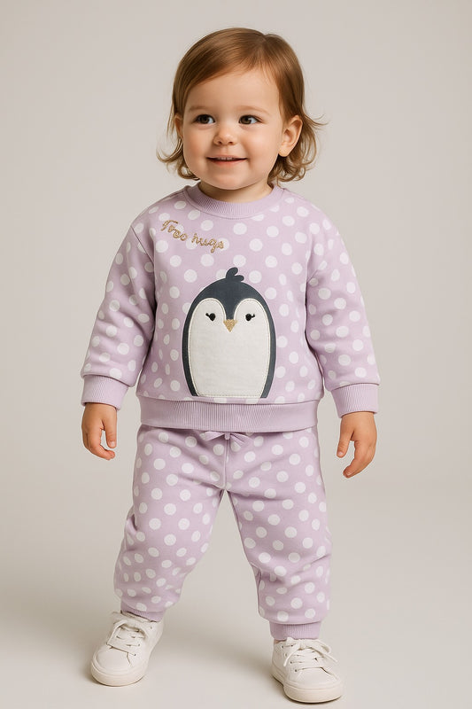 Baby Girl Penguin Appliqué Fleece Tracksuit – Lilac Polka-Dot 2-Piece Set